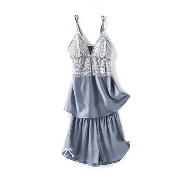 

Gray Soft Wedding Party Sleep Suit Women 2PCS Pajamas Set Sexy V-neck Sleeveless Shirt&Shorts Sleepweaer Casual Women Homewear