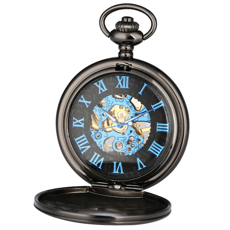 Antique Wooden Case Handwinding Mechanical Pocket Watch for Men Women Skeleton Clock Pendant Chain Roman Number Dial Hour Gift
