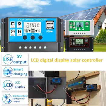 

10/20/30A Solar Charge Controller 12V/24V Auto PWM 5V Output Solar Panel Battery Controller Regulator With Dual USB LCD Display