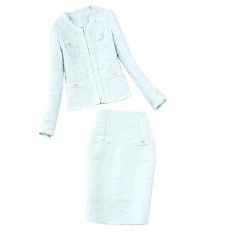 

Fashion suit female winter / spring New high quality Woollen woolen coat jacket + pencil skirt light blue two-piece suit women