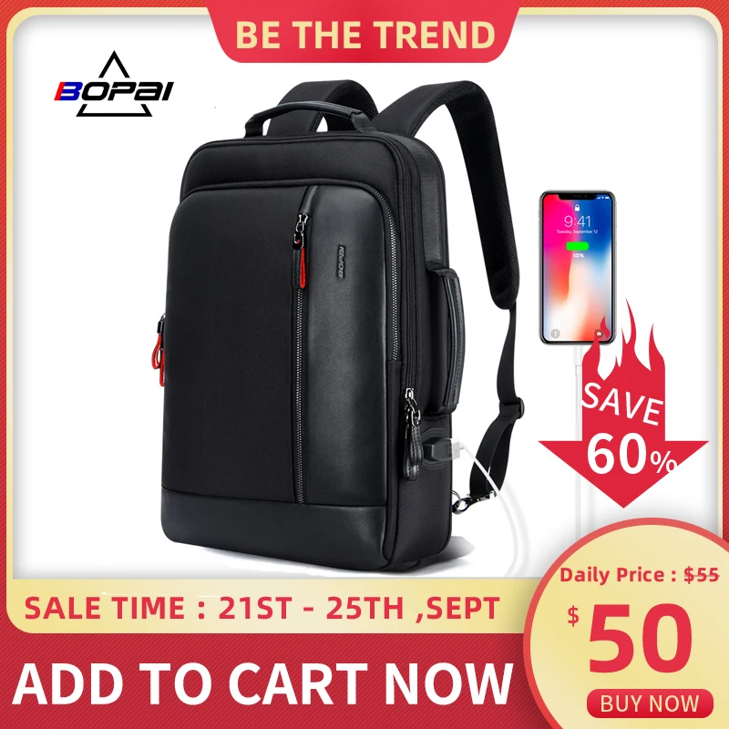 BOPAI Anti theft Enlarge Backpack USB External Charge 15.6 Inch Laptop Backpack Men Waterproof School Backpack bags for Teenager
