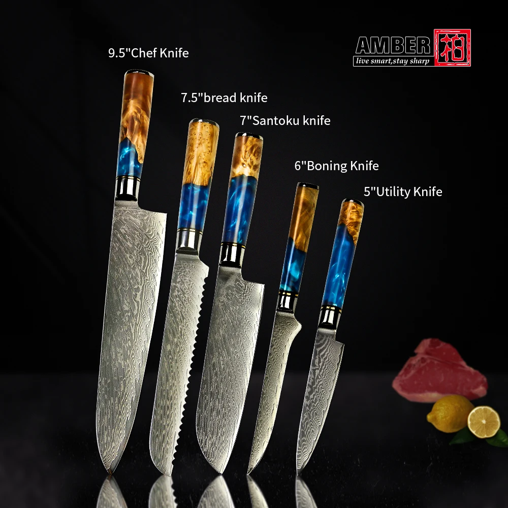 Kitchen Knives-Set Damascus Steel VG10 Chef Knife Cleaver Paring Bread Knife  Blue Resin and Color Wood Handle 1-8PCS set – MYVIT Home