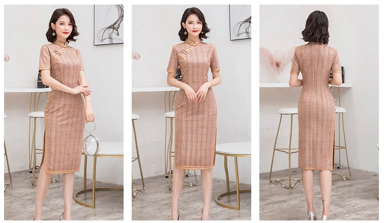 Женское клетчатое платье Cheongsam с Секцией Замшевое платье Женская Осенняя зимняя Новинка большой размер длинный абзац элегантная тонкая одежда cheongsam