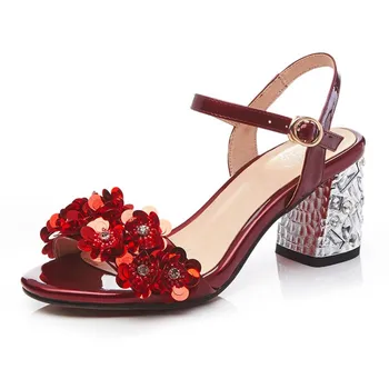 

thick high-heeled flower open-toed leather sandals large size size shoes