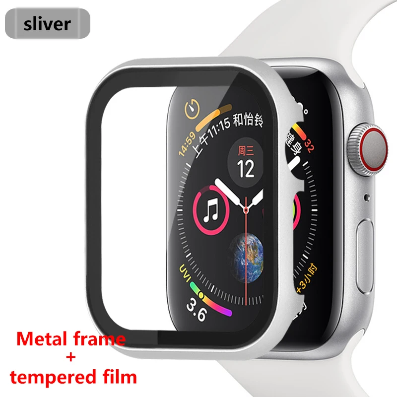 silver Стекло+ рамка чехол для Apple Watch 5 4 3 44 мм 42 мм iwatch ремешок 40 мм 38 мм металлический бампер универсальная защитная рамка для экрана - Цвет ремешка: silver