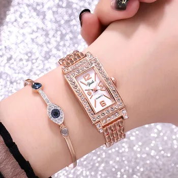 

Fashion Luxury Crystal-Style Bracelet Watch Korean-style Stylish Rectangular Diamond Set Decorative Watch Cool WOMEN'S Watch