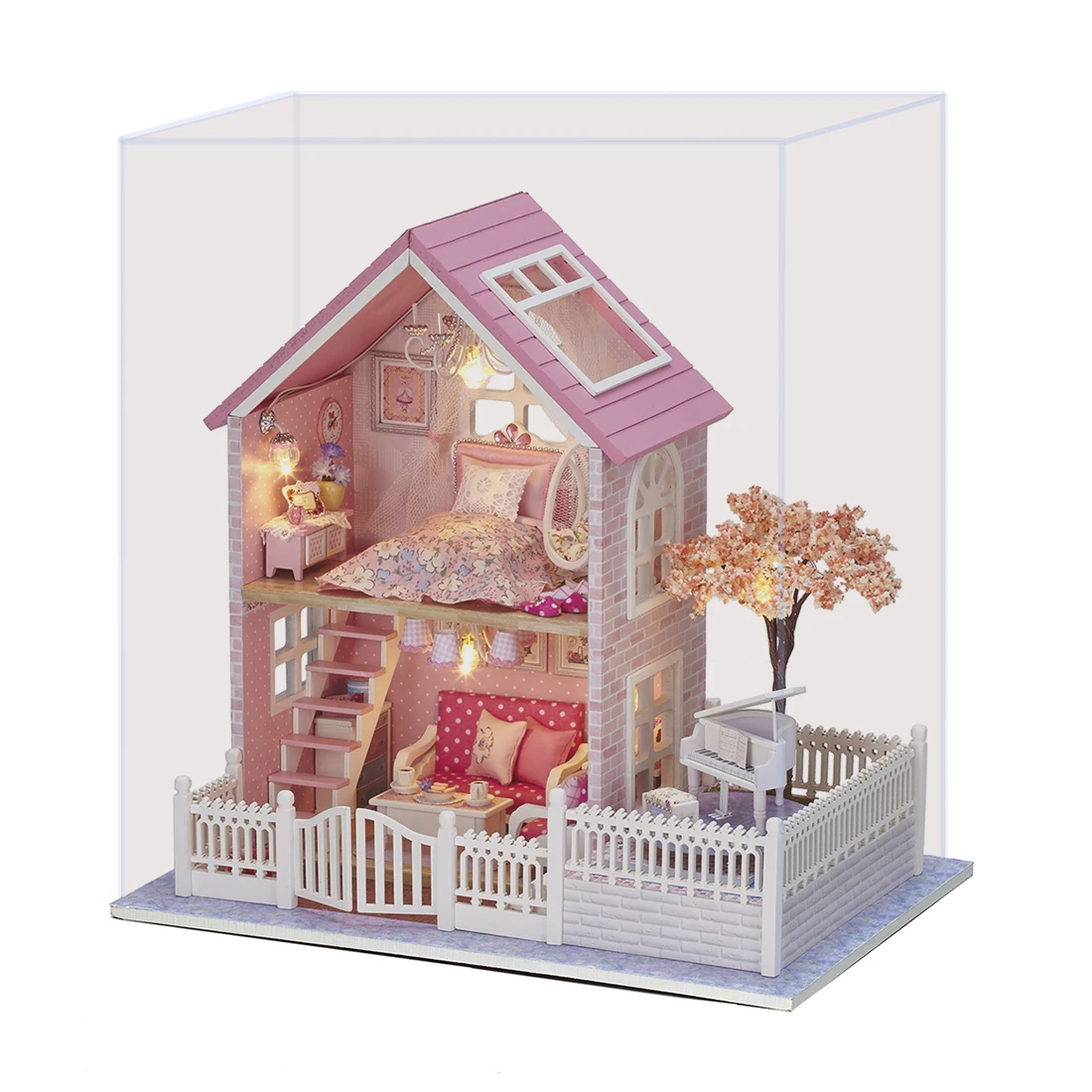 Interesting Dollhouse Pink Oriental Cherry 3D Assembly DIY Household Creative House Kit with Piano and Cover