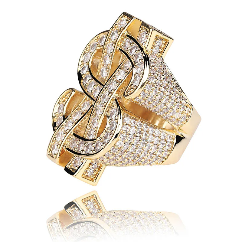 Мода Рок Iced Out Bling Золото Серебро Цвет Доллар США знак кольца AAA кубический циркон хип хоп кольцо для мужчин ювелирные изделия личность - Цвет основного камня: Gold