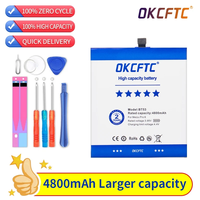 

Аккумулятор высокой емкости OKCFTC BT53 BT53S 4800 мАч, батареи для Meizu PRO 6 / Pro 6s / PRO 6s, бесплатные инструменты, подставка, держатель, наклейки