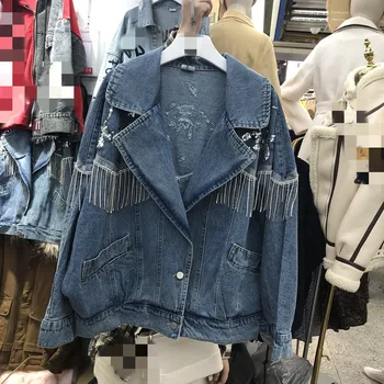 

2020 Spring Autumn New Heavy Process Fringed Sequined Design Retro Washing Breasted Denim Jacket Jean Jacket Coats Female Femme