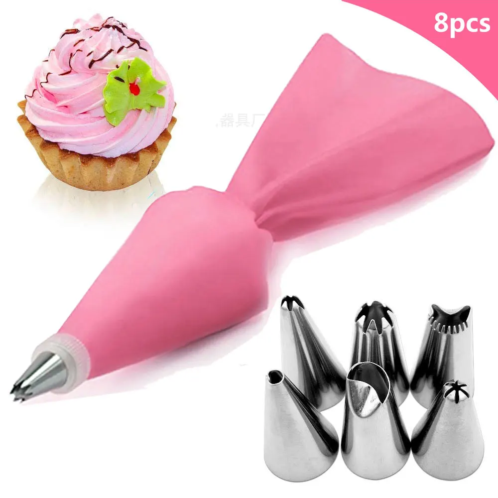Pink 8 шт./компл. bico de confeitar силиконовый кондитерский мешок глазурь трубопровод сопло крем многоразовый кондитерский сумки+ 6 сопла инструменты для украшения торта - Цвет: Pink