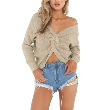 

2019 New Two-wear V-neck Knotted Backless Sweater Women Autumn Sexy Fashion Long-sleeved Loose Pullover Sweater
