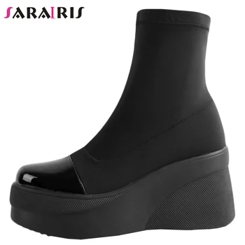 

SaraIris Wedges Patchwork Ankle Boots Women 2020 Slip On Boots Ladies Wholesale Solid Platform Winter Shoes