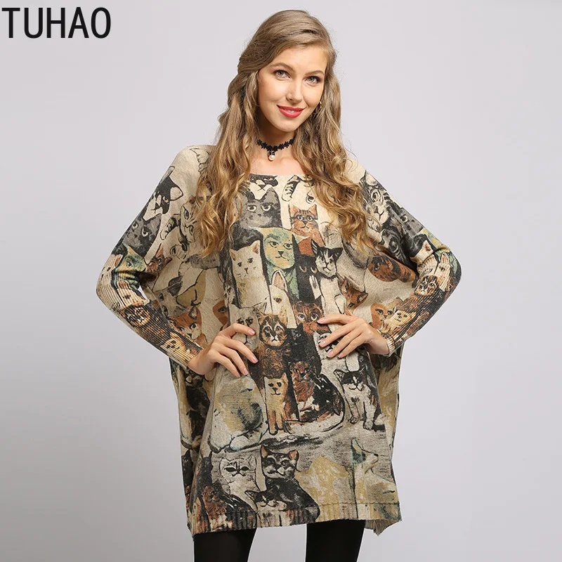 

Spring Fall Cartoon Printing Cat Sweater Large Size Loose Batwing Sleeve Knitted Long Pullover Woman's Tops T6303