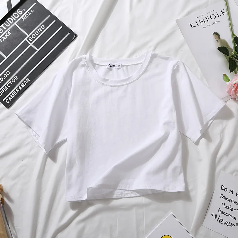 2020 Summer Short Sleeve T Shirts Women Cotton Solid T-shirt  O Neck High Waist Crop Top Tee Female Casual Loose  T Shirt
