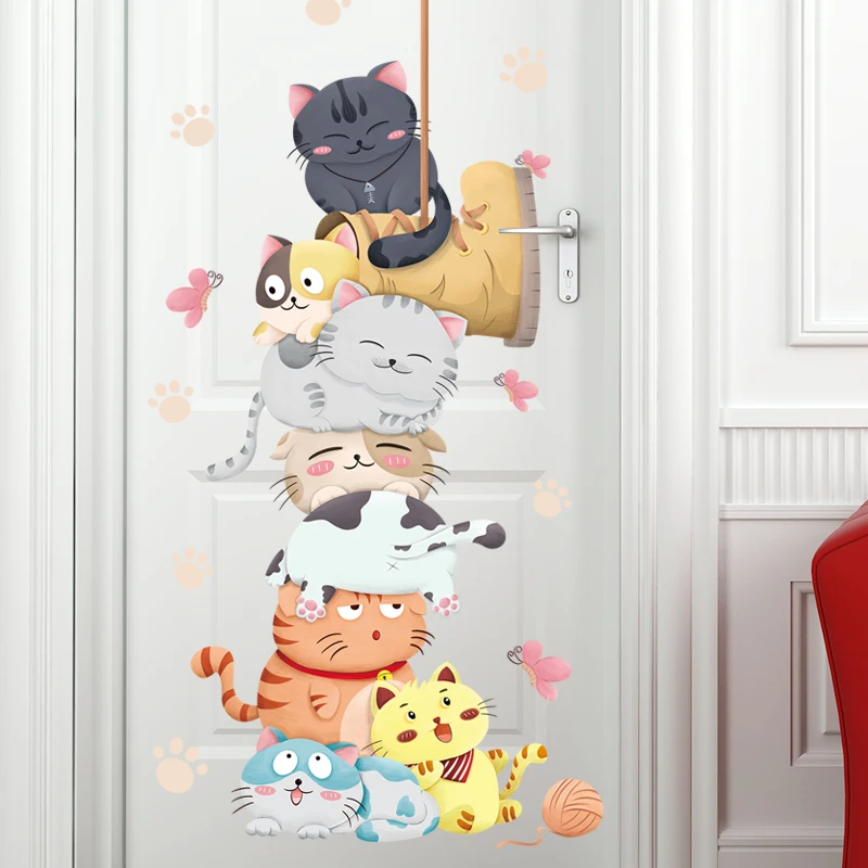 Large Cartoon Cat Animals Height Measure Wall Stickers for Kids Room Kindergarten Height Chart Ruler Decals Nursery Home Decor