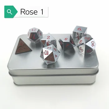 

Rollooo Custom Metal Dice Set in Tin with Rose Logo on Polyhedral D20 for RPG DND D&D Games