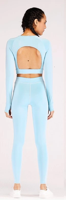 baby blue Спортивная одежда из двух частей, спортивный костюм с открытой спиной, тренировочный костюм для женщин, облегающий костюм для бега, танцевальная спортивная одежда, комплект для йоги - Цвет: baby blue