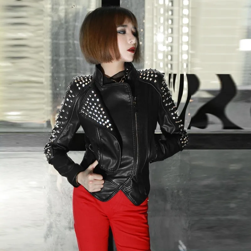 Women Short Studded PU Leather Jacket Rock Slim Fit Rivet Jackets Female Punk Motor Biker Faux Leather Coat Women Party Clubwear