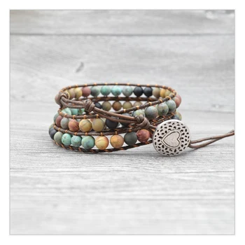 

Boêmio boho pulseiras vintage couro e pedra natural 3 fios multi-camada tecido artesanal envoltório pulseiras coração charme