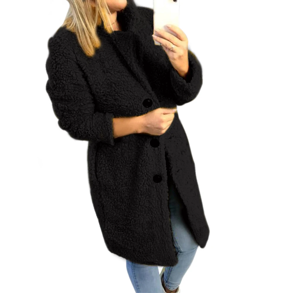 Женское плюшевое пальто осень зима зимнее пальто Женская куртка на пуговицах Повседневная теплая отложной воротник меховая Верхняя одежда Casaco Feminino