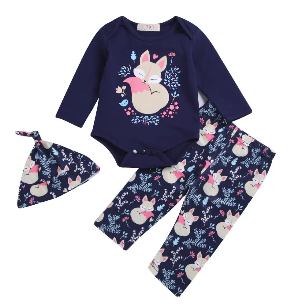 

New Born Baby Girl Cotton Long Sleeve Romper/Pants/hat 3pcs Set Little Kids Clothing Cute Fox Printed
