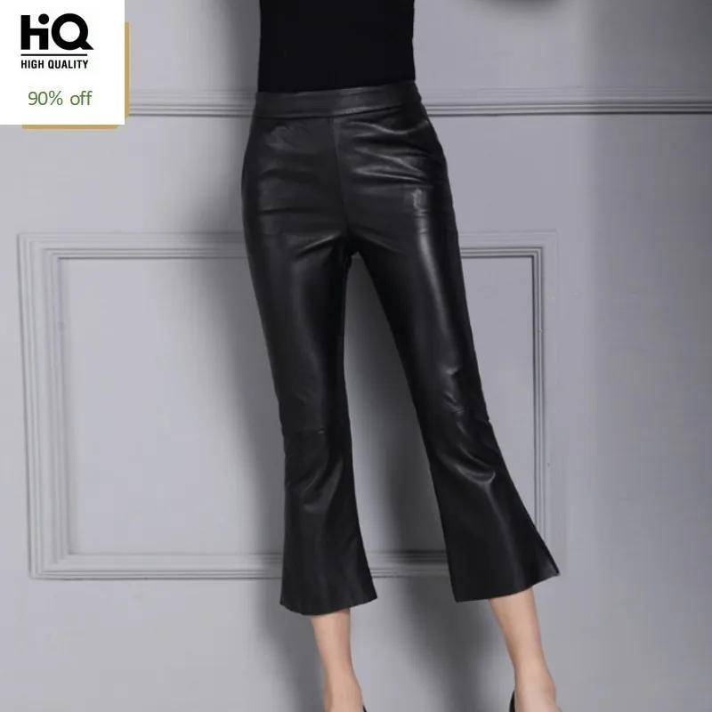 Elastische Taille Office Lady Flare Lederen Broek Chic Solid Black Natuurlijke Leer Enkellange Broek Vrouwen Pocket Workout Broek Elastische Taille Office Lady Flare Lederen Broek Chic Solid Black Natuurlijke Leer Enkellange Broek Vrouwen Pocket Workout Broek