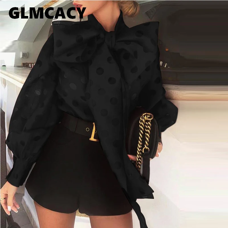  Women Bow Neck Dot Printed Puff Sleeve Blouse Chic Casual Office Lady Puff Sleeve Street Wear Top E