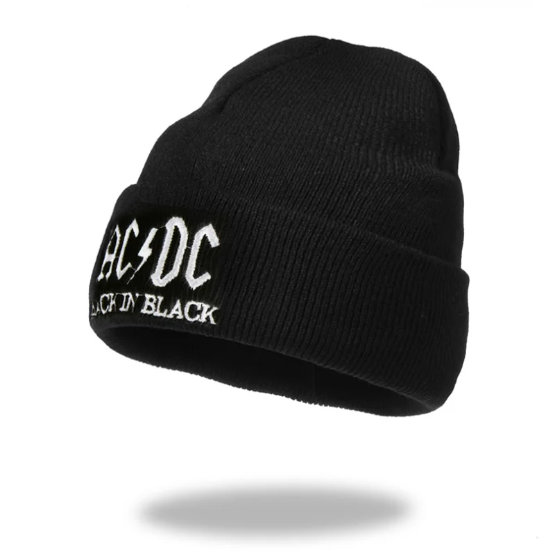 New Arrival Stylish AC DC Embroidery Beanie Hat Classic Black New Knitted Warm Caps Newest Black Popular Skull Cap Hats Unisex grey skully hat Skullies & Beanies