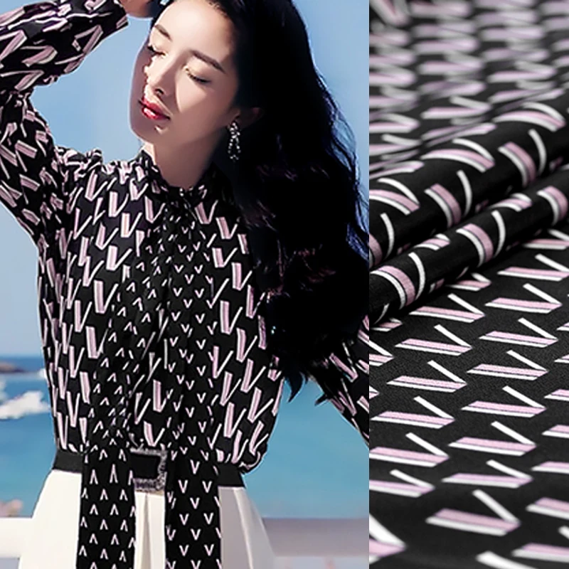 

135CM Wide 17MM V Letter Print Silk Crepe de Chine Fabric for Summer Dress Shirt Scarf Cheongsam Skirt Pants Suit DE1051