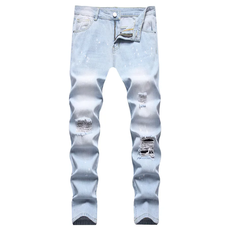 

European and American casual non-stretch trousers light blue ripped Slim mid-waist jeans skinny jeans men 2021