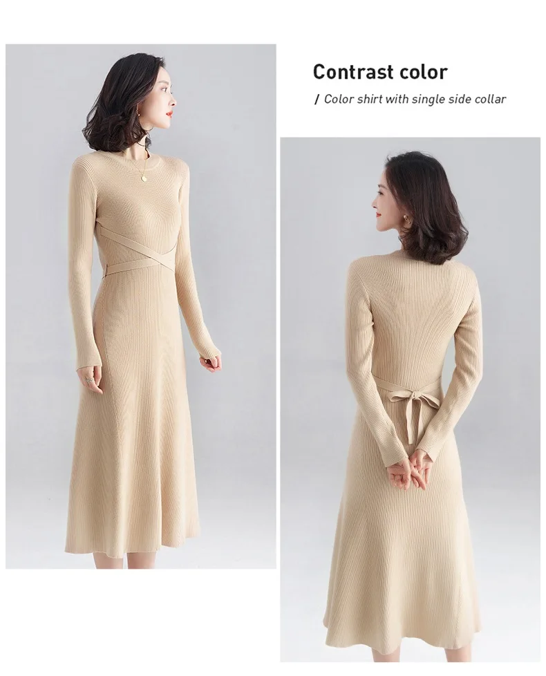 INNASOFAN knitted dress women Autumn Winter long-sleeved dress Euro-American fashion chic dress solid color