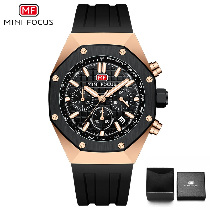 MINI FOCUS Polygon Design Alloy Quartz Wristwatch Luxury Brand Watch Men High Quality Silicone Chronograph Sport Waterproof Male 