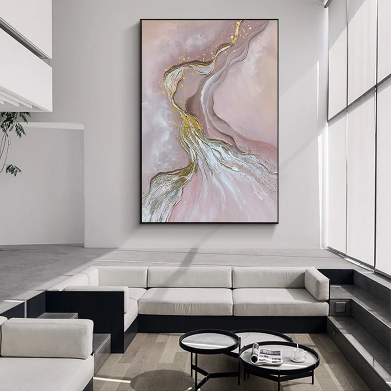 

Pure Handpainted Modern Light Luxury Living Room Decoration Painting Gold Pink Simple Abstract Three Dimensional Hanging Paintin