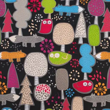 

1 yard Polyester/PVC coated Waterproof Fabric for bag, Animals - Hedgehog and owl on black background (width=140cm)