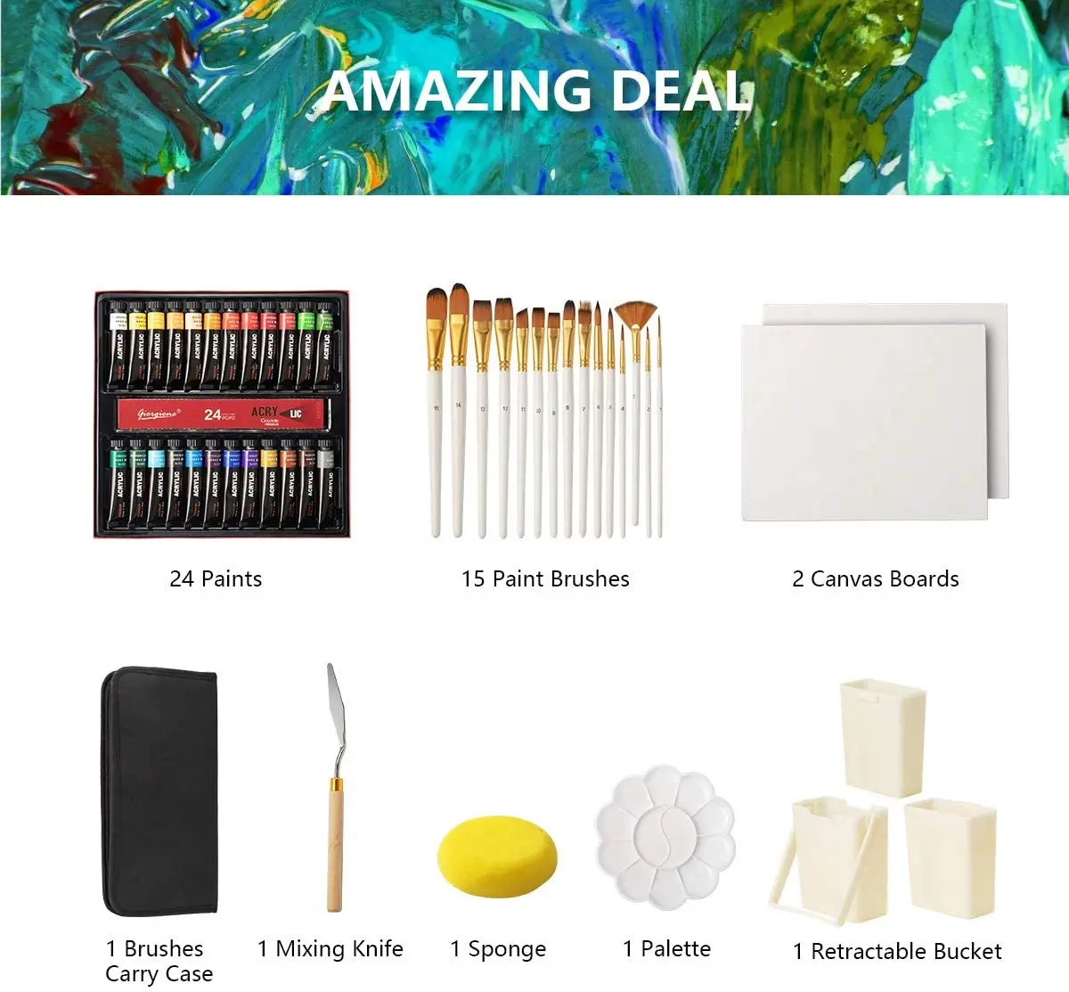  Acrylic Paint Brush Set with 15 Premium Artist Brushes and 24  Color Acrylic Paint - Ultimate Kit for Canvas, Wood, Ceramic, Fabric  (Acrylic Paint Set)