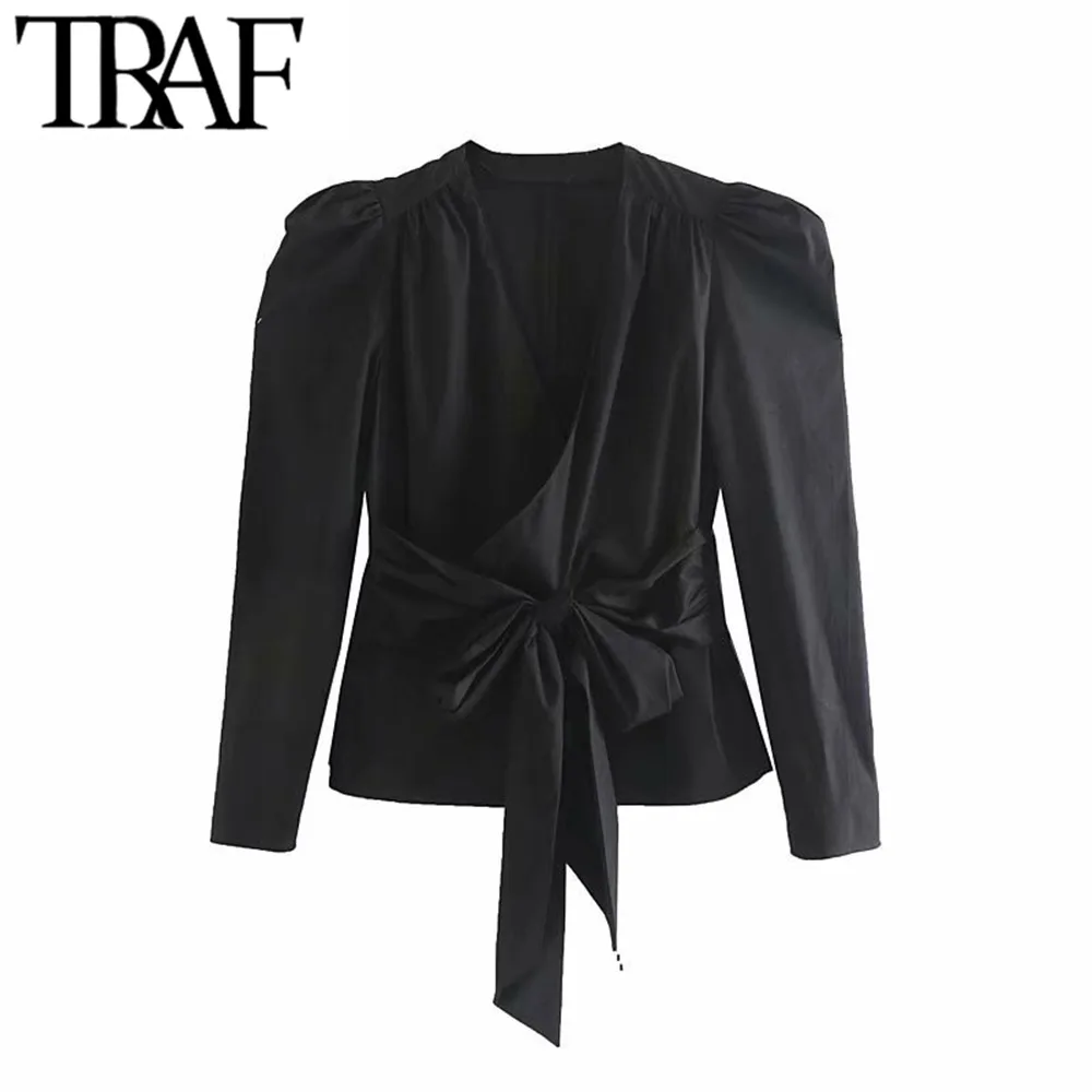 

TRAF Women Vintage Office Lady Bow Tie Blouses Fashion V Neck Puff Sleeve Side Zipper Stylish Shirts Blusas Mujer Chic Tops