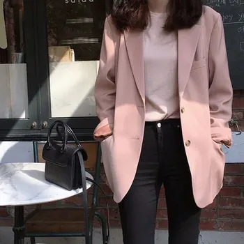 

Women Pink Blazer And Jacket Female Black Spring And Autumn New Korean Version Loose Plus Size Black Female Short Coat