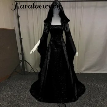 

Women's Fashion Long Sleeve Hooded Medieval Dress Floor Length Cosplay Dress robe femme maxi dresses women vestido #L20