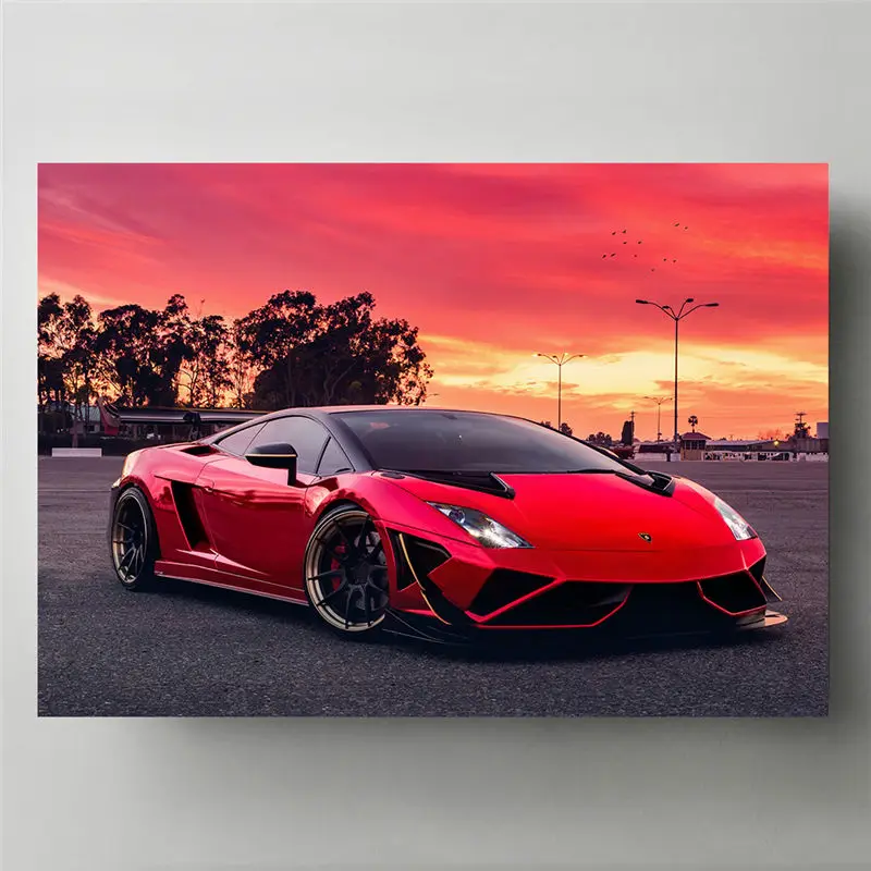 Supercars Wall Art Canvas Painting Gallardo Red Sunset Racing Cars Posters and Prints Pictures for Living Room Decor Unframed