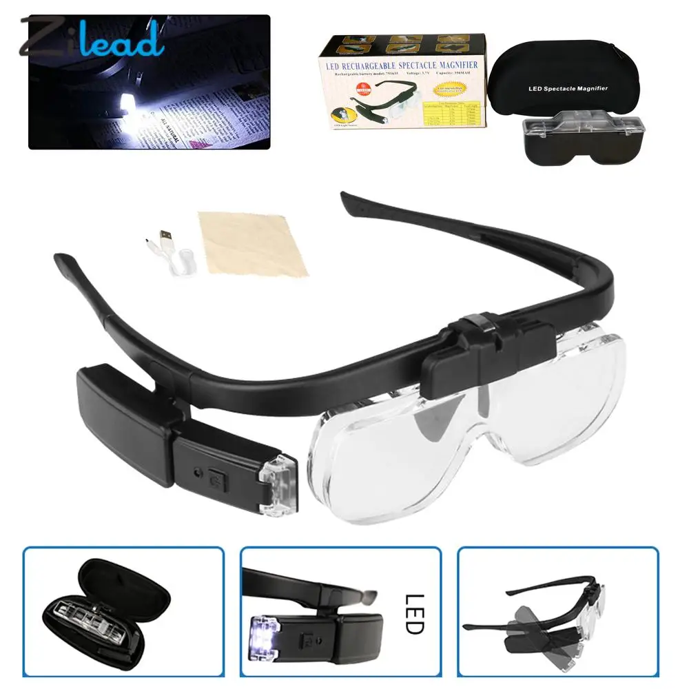 1.5X-4.5X recargable cabeza doble lente lupa gafas con 2 luces LED  regulables, manos libres 3 lentes intercambiables, vidrio lupa para trabajo