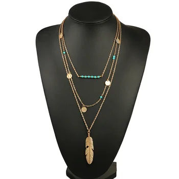 

Women Creative Necklace Pendant Three Layers Feather Turquoise Necklace Tassel Charm Necklace Gift