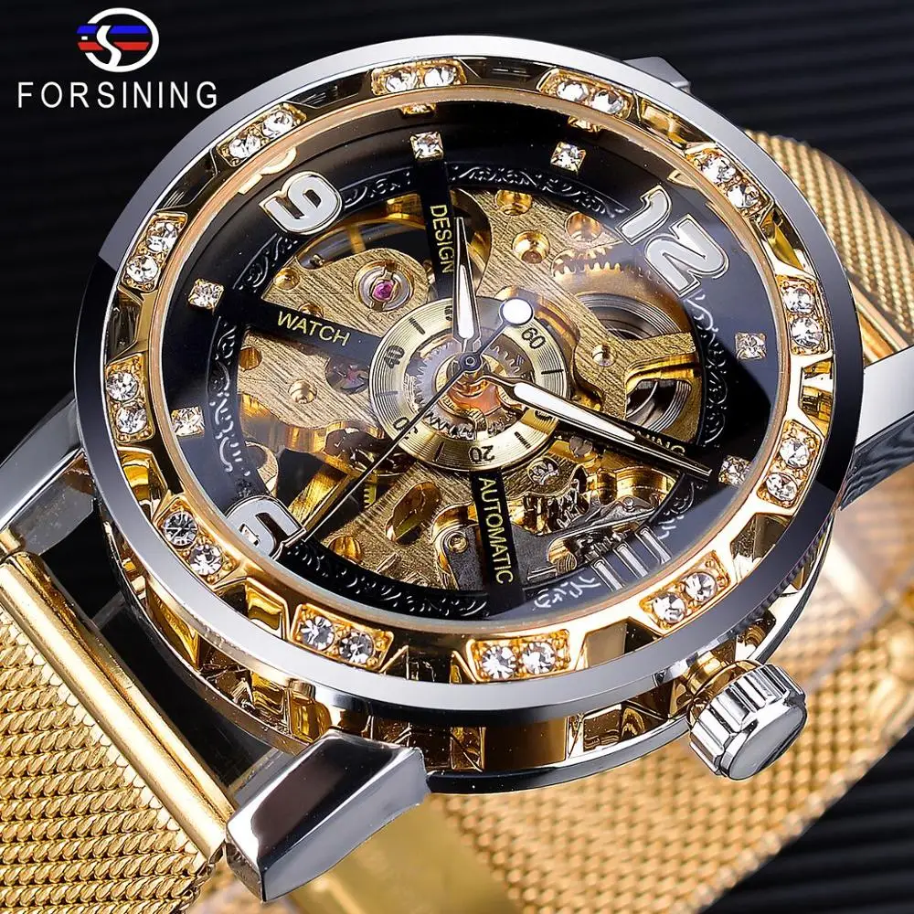 Forsining Diamond Golden Skeleton Mechanical Watch Stainless Steel Mesh Band Luminous Hand Men Watches Sport Business Wristwatch