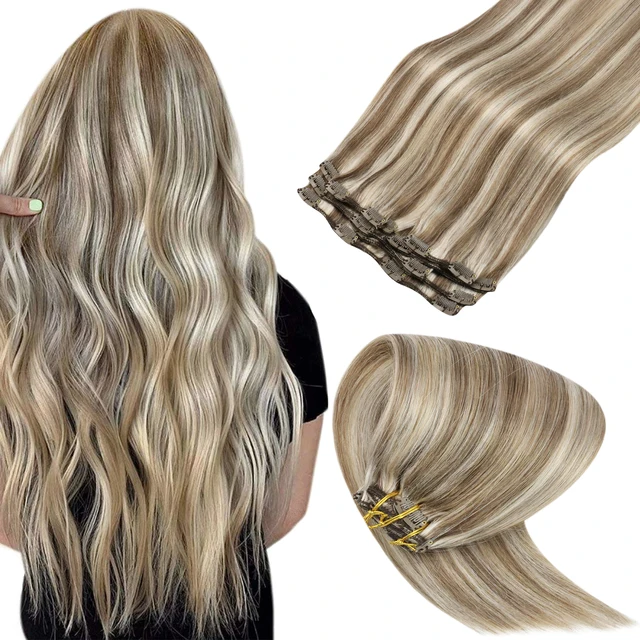 VeSunny Clip in Hair Extension Human Hair Ombre Blonde Remy Seamless Hair Extension Human Hair Brown Balayage Natural Human Hair P8-60