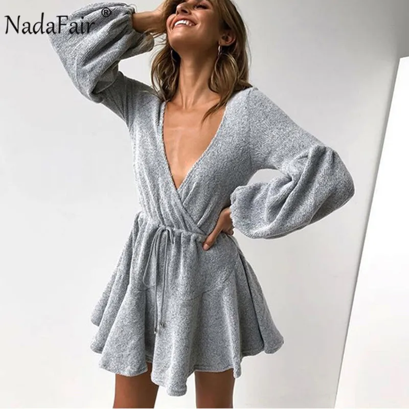 Nadafair/теплое зимнее платье с рукавами-фонариками, Vestidos, туника, а-силуэт, сексуальное, с v-образным вырезом, на шнуровке, повседневное, с оборками, трикотажное платье для женщин