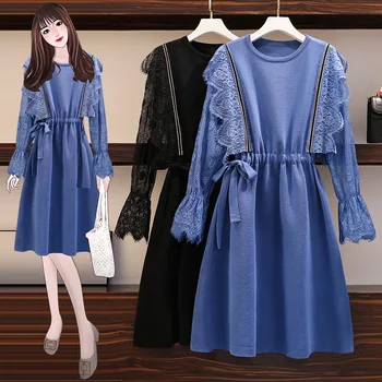 

Large Size Dress Autumn New Style Slimming Fat mm Elegant Belly Covering Lace Joint Fashion Cardiac Full Body Dress Fashion