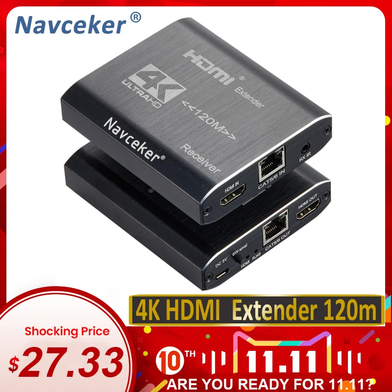 

Navceker 120m HDMI Extender 4K IR Transmitter HDMI Extender RJ45 with Loop Out Cascade HDMI Extender Over Cat6 For PS4 Monitor