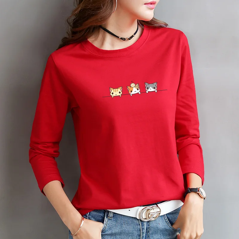 

2019 New Clothes Women three cats Fashion T-shirts Plus Size Print Round Neck Long Sleeved Casual T-shirt Female Autumn tops