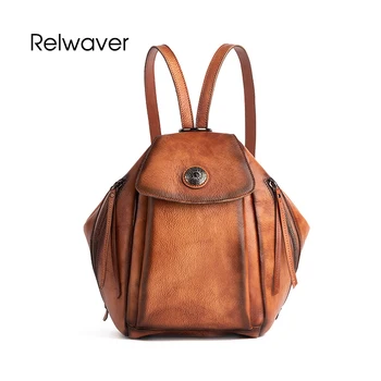 

Leather backpack cowhide vintage style women backpack genuine leather chic punk zipper daily backpack