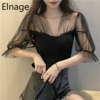 

Elnage New Mesh Splicing Knitted Short-sleeve T-shirt for Women Slim Waist Solid Lace Bottoming Shirt Summer Top Cotton 5A472